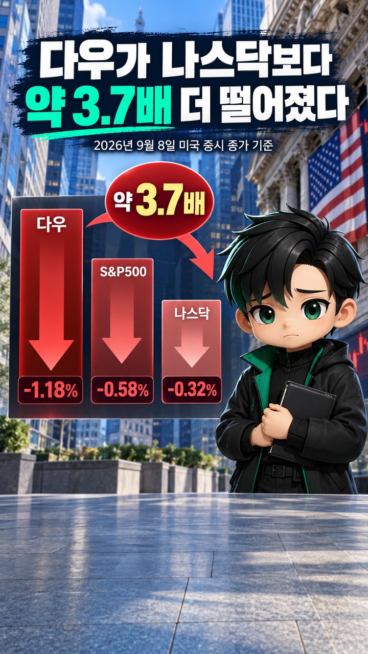 다우는 1.18% 내렸는데 나스닥은 0.32% 하락, 같은 유가 충격에도 차이가 난 이유 - 다우가 나스닥보다 약 3.7배 더 떨어졌다 핵심 내용을 정리한 정보형 이미지