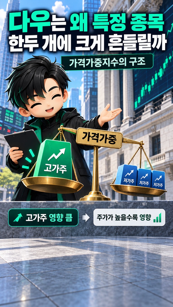 다우는 1.18% 내렸는데 나스닥은 0.32% 하락, 같은 유가 충격에도 차이가 난 이유 - 다우는 왜 특정 종목 한두 개에 크게 흔들릴까 핵심 내용을 정리한 정보형 이미지