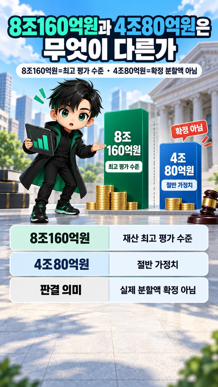 권혁빈 이혼소송 재산분할, 8조160억원이 곧 분할액은 아닌 이유 - 8조160억원과 4조80억원은 무엇이 다른가 핵심 내용을 정리한 정보형 이미지