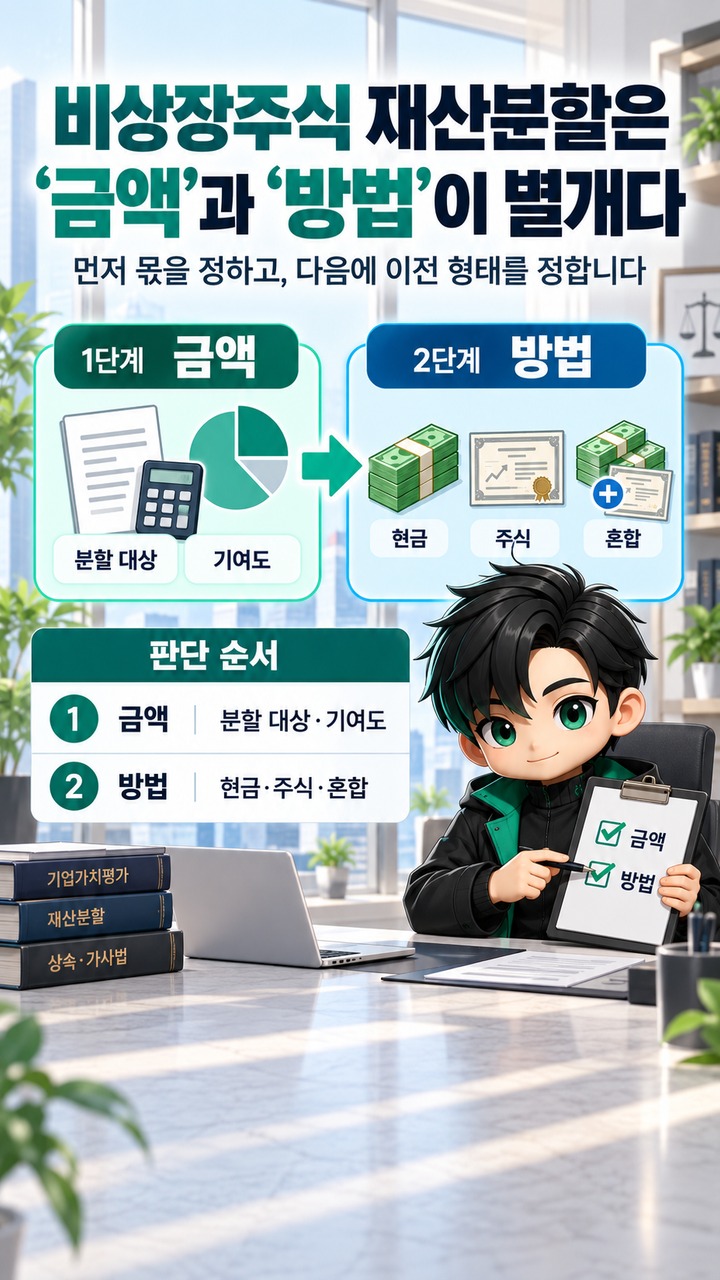 비상장주식 이혼 재산분할, 현금으로만 줘야 할까? 대법원은 ‘주식 혼합’도 열어뒀다 - 비상장주식 재산분할은 ‘금액’과 ‘방법’이 별개다 핵심 내용을 정리한 정보형 이미지