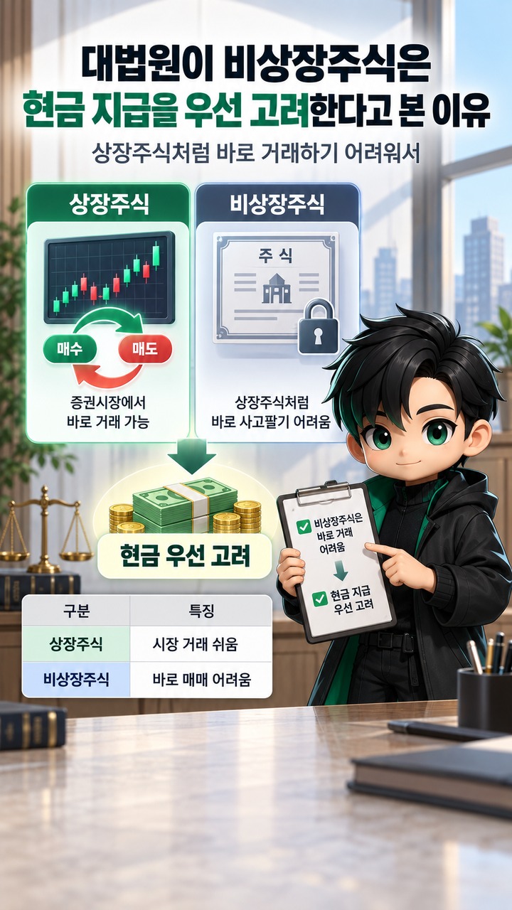 비상장주식 이혼 재산분할, 현금으로만 줘야 할까? 대법원은 ‘주식 혼합’도 열어뒀다 - 대법원이 비상장주식은 현금 지급을 우선 고려한다고 본 이유 핵심 내용을 정리한 정보형 이미지