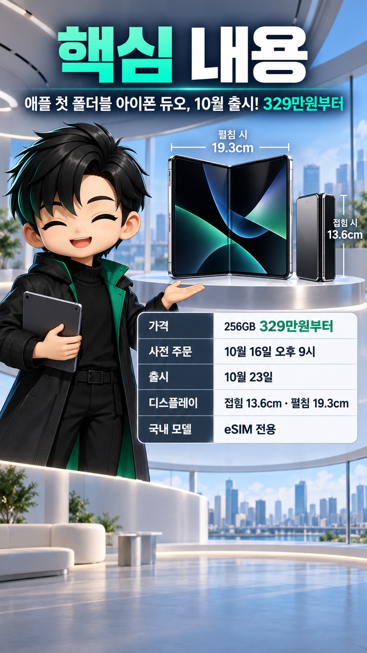 애플 아이폰 듀오 329만원부터, 한국 사전 주문 10월 16일…접으면 13.6cm·펴면 19.3cm - 핵심 내용 핵심 내용을 정리한 정보형 이미지