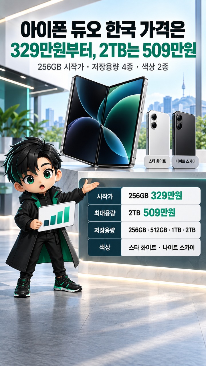 애플 아이폰 듀오 329만원부터, 한국 사전 주문 10월 16일…접으면 13.6cm·펴면 19.3cm - 아이폰 듀오 한국 가격은 329만원부터, 2TB는 509만원 핵심 내용을 정리한 정보형 이미지