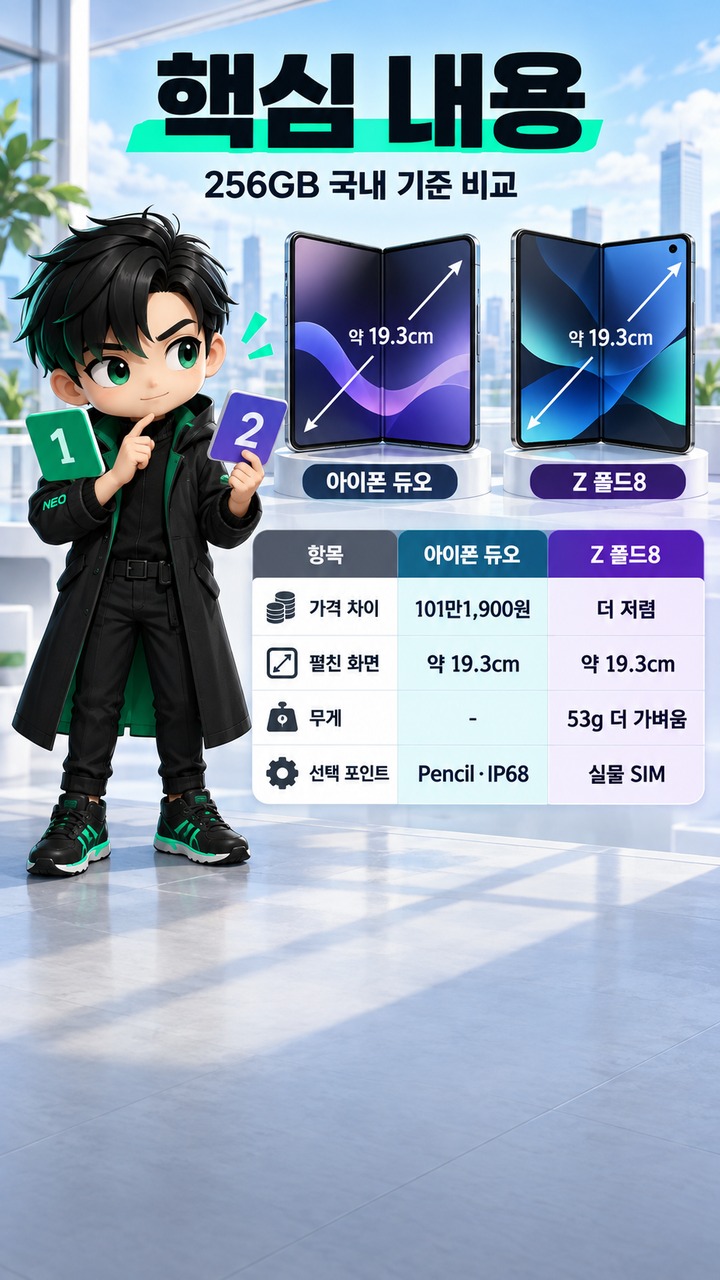 아이폰 듀오 vs 갤럭시 Z 폴드8, 101만원 차이…무게·펜·유심까지 비교하면 누구에게 맞나 - 핵심 내용 핵심 내용을 정리한 정보형 이미지