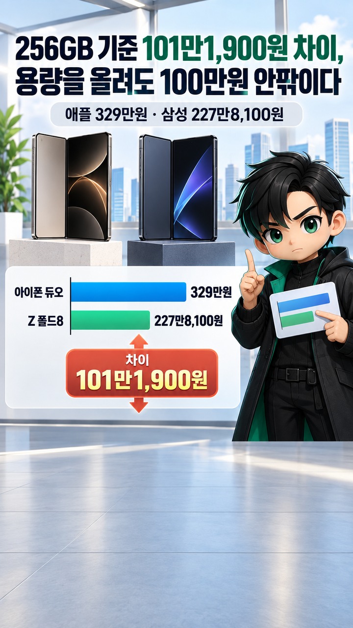 아이폰 듀오 vs 갤럭시 Z 폴드8, 101만원 차이…무게·펜·유심까지 비교하면 누구에게 맞나 - 256GB 기준 101만1,900원 차이, 용량을 올려도 100만원 안팎이다 핵심 내용을 정리한 정보형 이미지