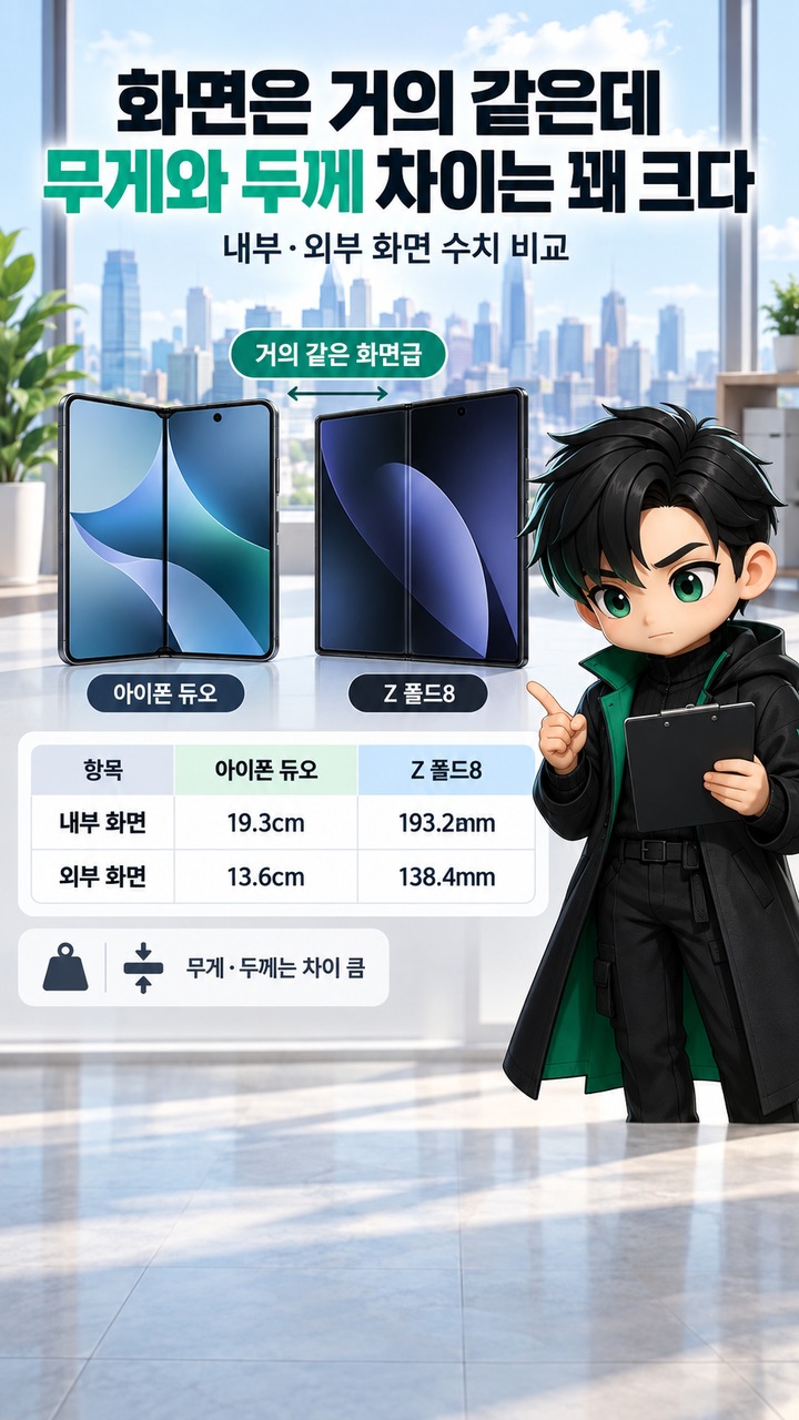 아이폰 듀오 vs 갤럭시 Z 폴드8, 101만원 차이…무게·펜·유심까지 비교하면 누구에게 맞나 - 화면은 거의 같은데 무게와 두께 차이는 꽤 크다 핵심 내용을 정리한 정보형 이미지