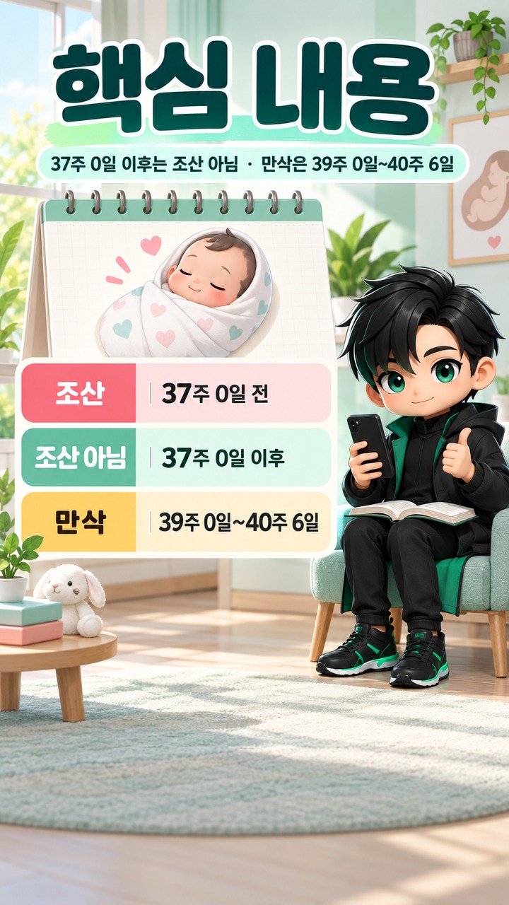 출산 예정일보다 일찍 낳으면 조산일까? 37주·39주 기준이 다른 이유# 출산 예정일보다 일찍 낳으면 조산일까? 37주·39주 기준이 다른 이유 - 핵심 내용 핵심 내용을 정리한 정보형 이미지