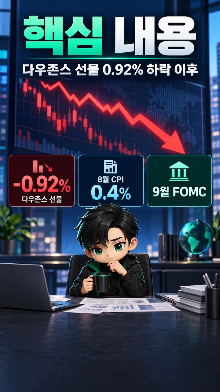 9월 8일 다우존스 선물은 왜 0.92% 떨어졌나 - 핵심 내용 핵심 내용을 정리한 정보형 이미지