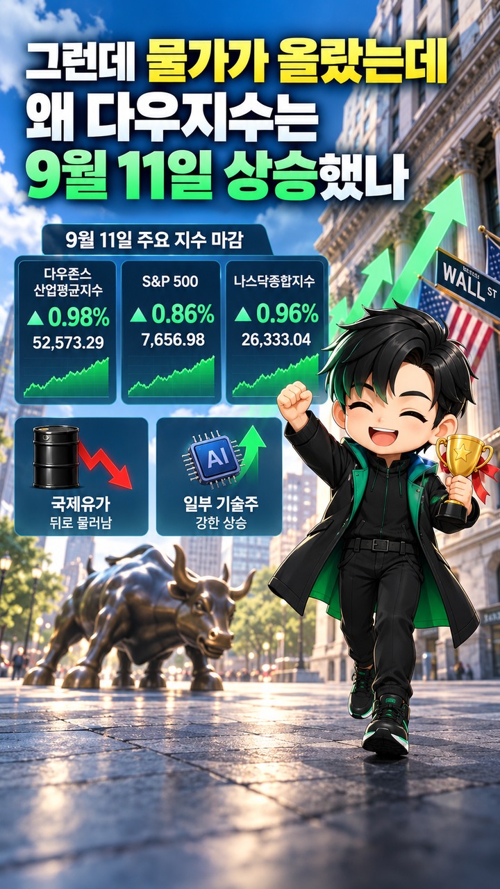 9월 8일 다우존스 선물은 왜 0.92% 떨어졌나 - 그런데 물가가 올랐는데 왜 다우지수는 9월 11일 상승했나 핵심 내용을 정리한 정보형 이미지