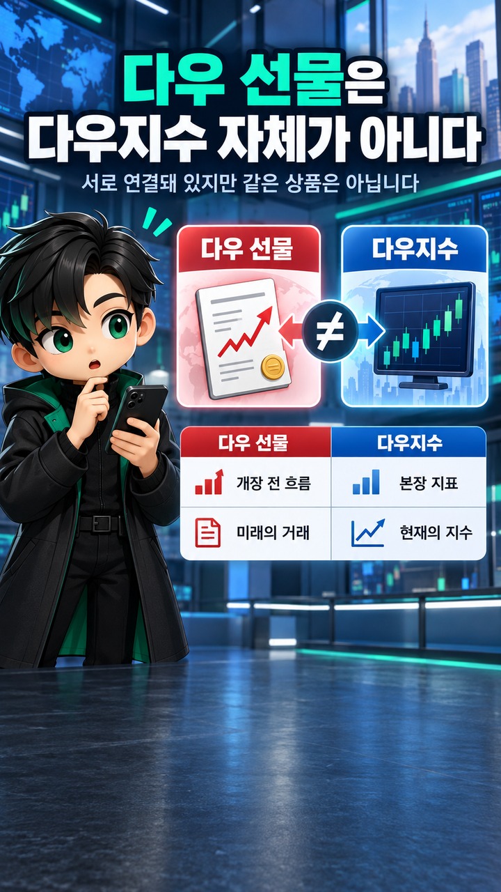 다우 선물 하락하면 본장도 떨어질까? 개장 방향과 종가가 다른 이유# 다우 선물 하락하면 본장도 떨어질까? 개장 방향과 종가가 다른 이유 - 다우 선물은 다우지수 자체가 아니다 핵심 내용을 정리한 정보형 이미지