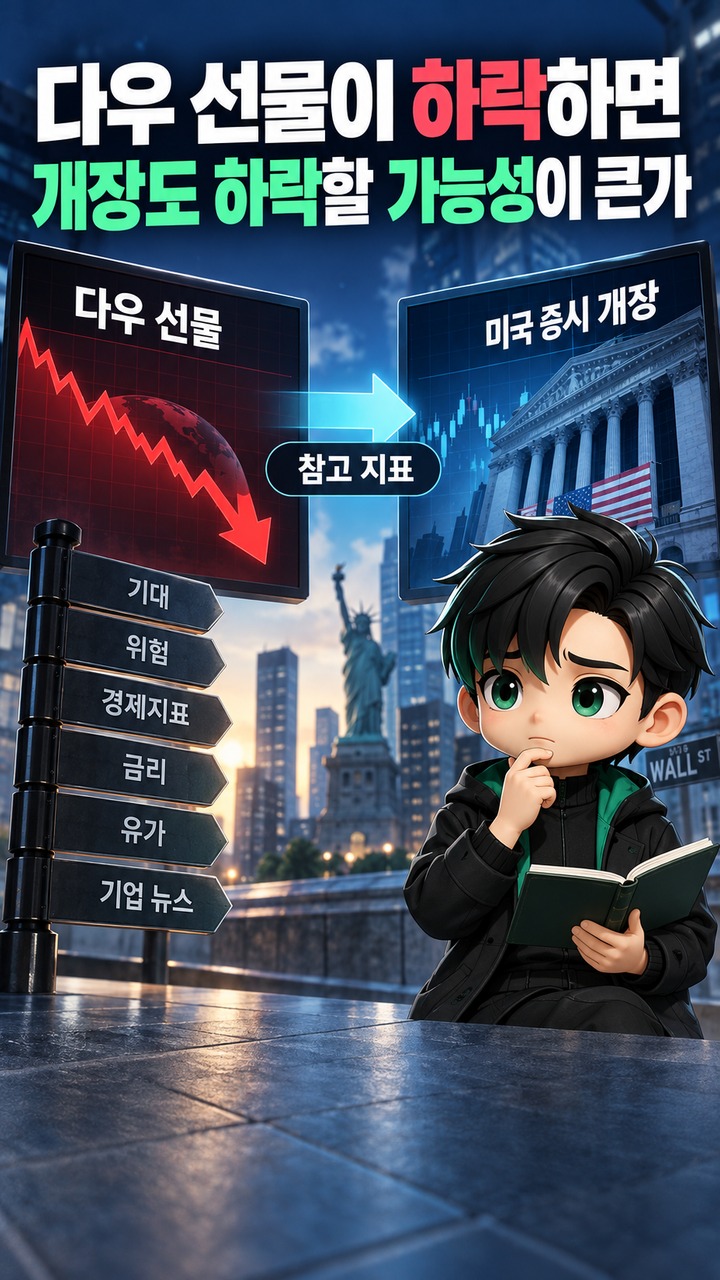 다우 선물 하락하면 본장도 떨어질까? 개장 방향과 종가가 다른 이유# 다우 선물 하락하면 본장도 떨어질까? 개장 방향과 종가가 다른 이유 - 다우 선물이 하락하면 개장도 하락할 가능성이 큰가 핵심 내용을 정리한 정보형 이미지