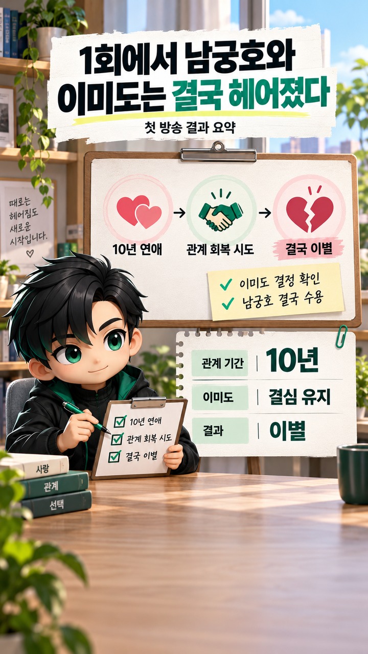 너 말고 다른 연애 1회, 10년 커플은 왜 헤어졌나…2회에서 확인할 변화 - 1회에서 남궁호와 이미도는 결국 헤어졌다 핵심 내용을 정리한 정보형 이미지