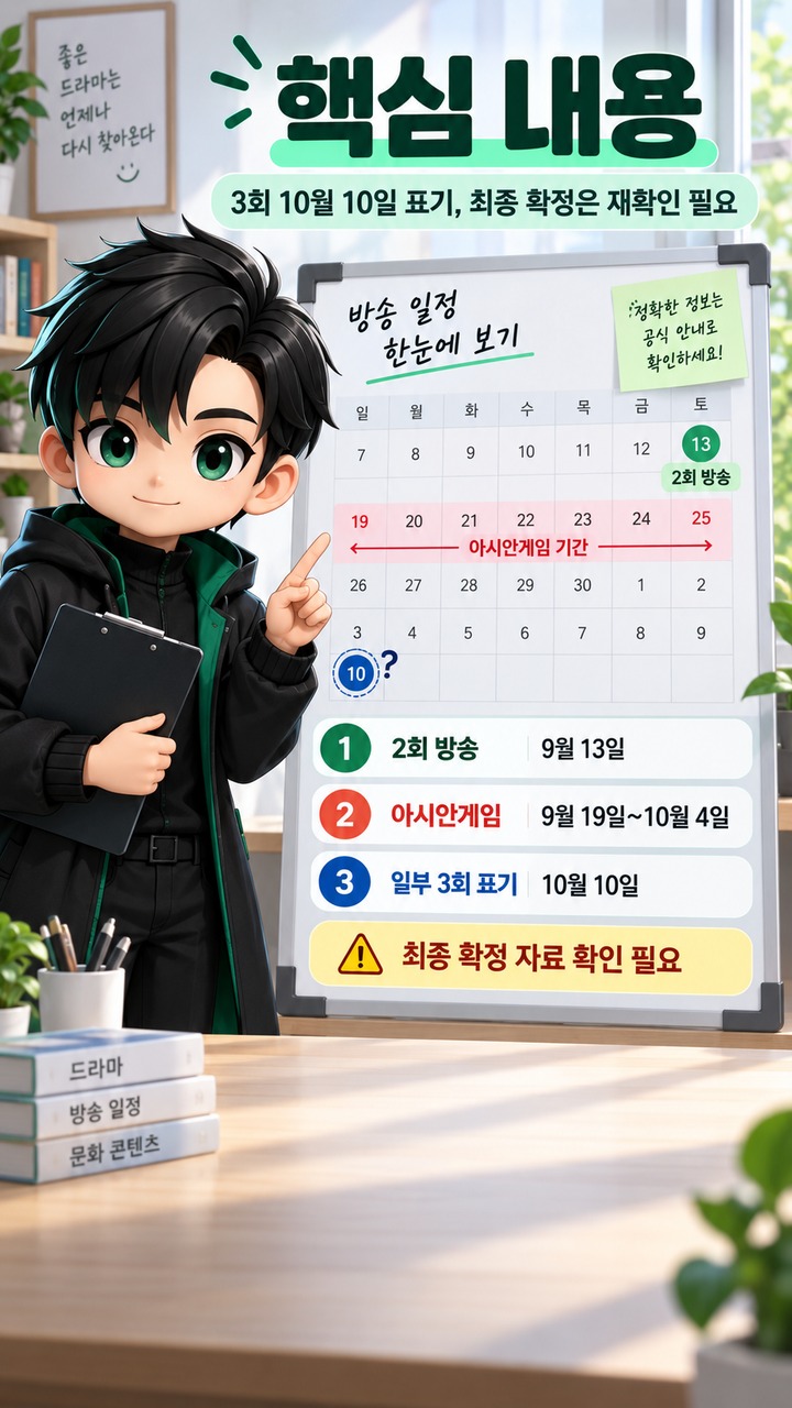 너 말고 다른 연애 3회 10월 10일 맞나? 아시안게임 결방 기간과 재개일 확인법 - 핵심 내용 핵심 내용을 정리한 정보형 이미지