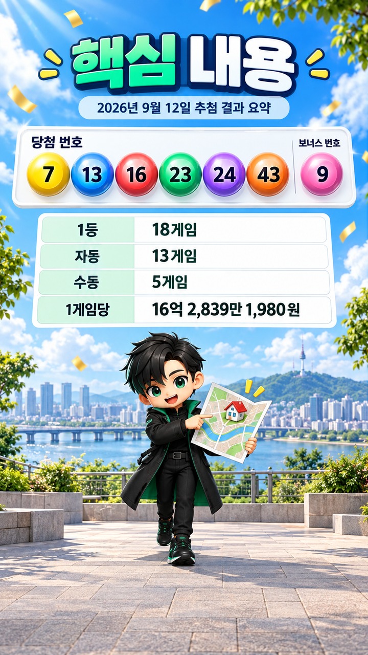 1241회 로또 당첨 번호 7·13·16·23·24·43, 1등 18게임 중 자동 13게임 - 핵심 내용 핵심 내용을 정리한 정보형 이미지