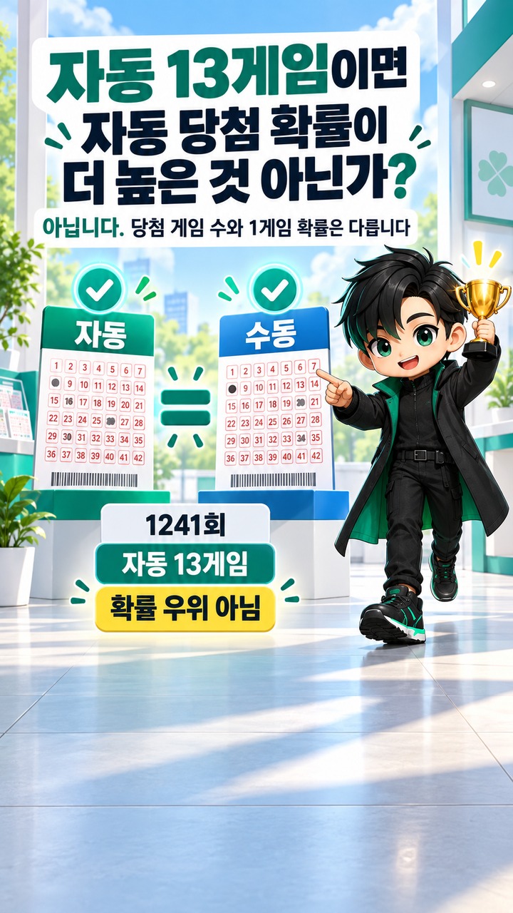 자동 13게임이면 자동 당첨 확률이 더 높은 것 아닌가? - 자동 13게임이면 자동 당첨 확률이 더 높은 것 아닌가? 핵심 내용을 정리한 정보형 이미지