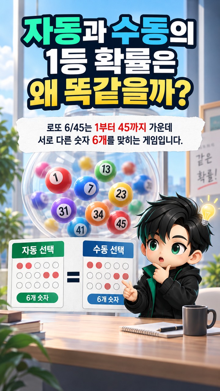 자동 13게임이면 자동 당첨 확률이 더 높은 것 아닌가? - 자동과 수동의 1등 확률은 왜 똑같을까? 핵심 내용을 정리한 정보형 이미지