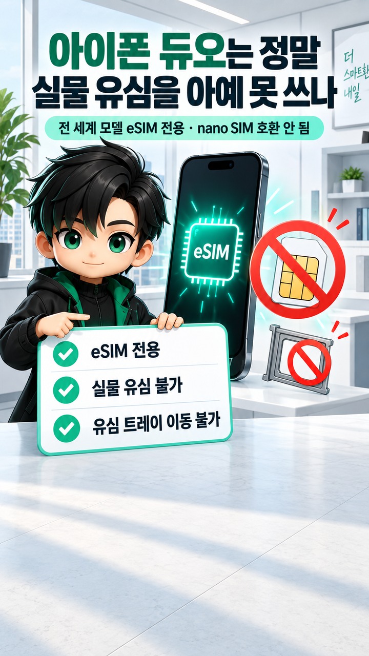 아이폰 듀오는 정말 실물 유심을 아예 못 쓰나 - 아이폰 듀오는 정말 실물 유심을 아예 못 쓰나 핵심 내용을 정리한 정보형 이미지