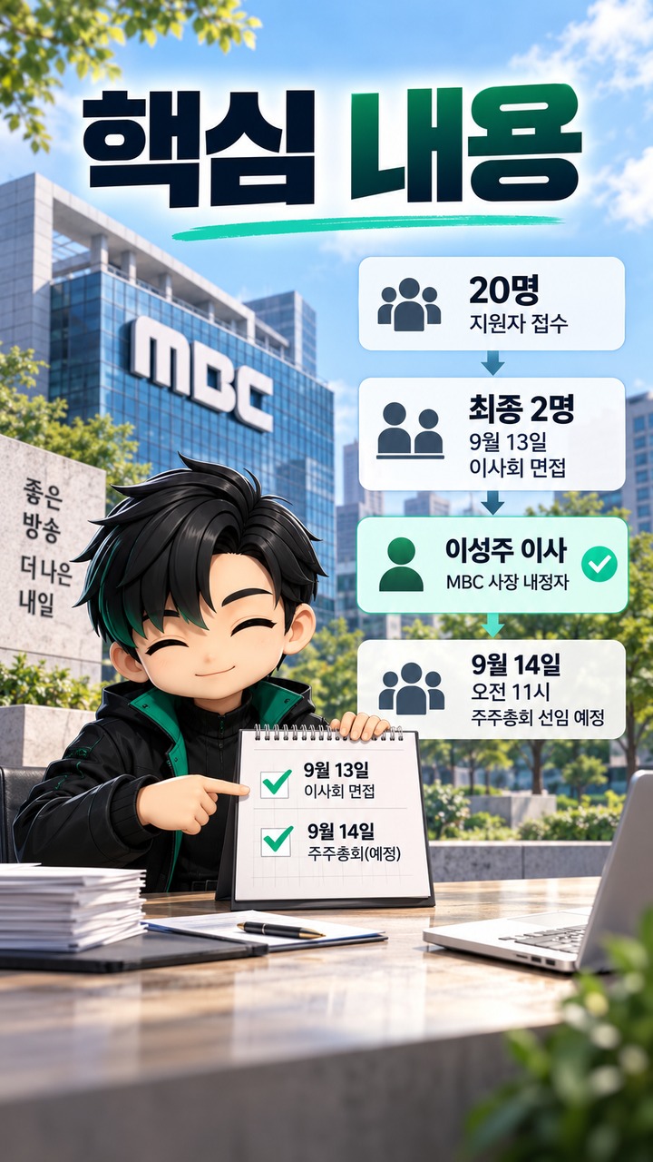 이성주 MBC 사장 내정, 20명에서 최종 1명까지 어떻게 결정됐나 - 핵심 내용 핵심 내용을 정리한 정보형 이미지