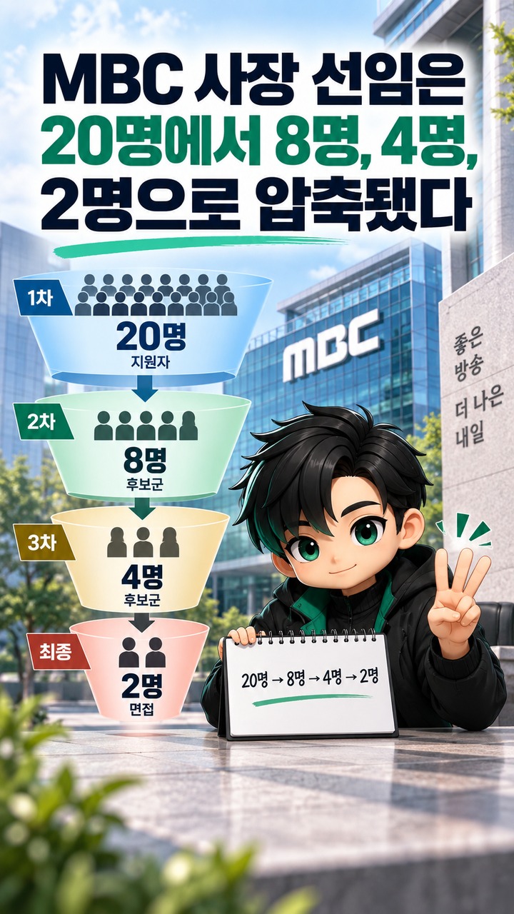 이성주 MBC 사장 내정, 20명에서 최종 1명까지 어떻게 결정됐나 - MBC 사장 선임은 20명에서 8명, 4명, 2명으로 압축됐다 핵심 내용을 정리한 정보형 이미지