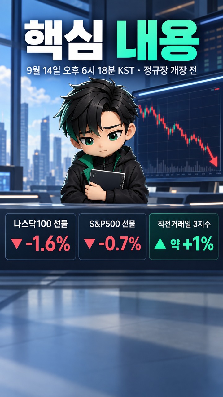 뉴욕증시 개장 전 나스닥100 선물 1.6% 하락, 9월 16일 FOMC 앞두고 확인할 것 - 핵심 내용 핵심 내용을 정리한 정보형 이미지