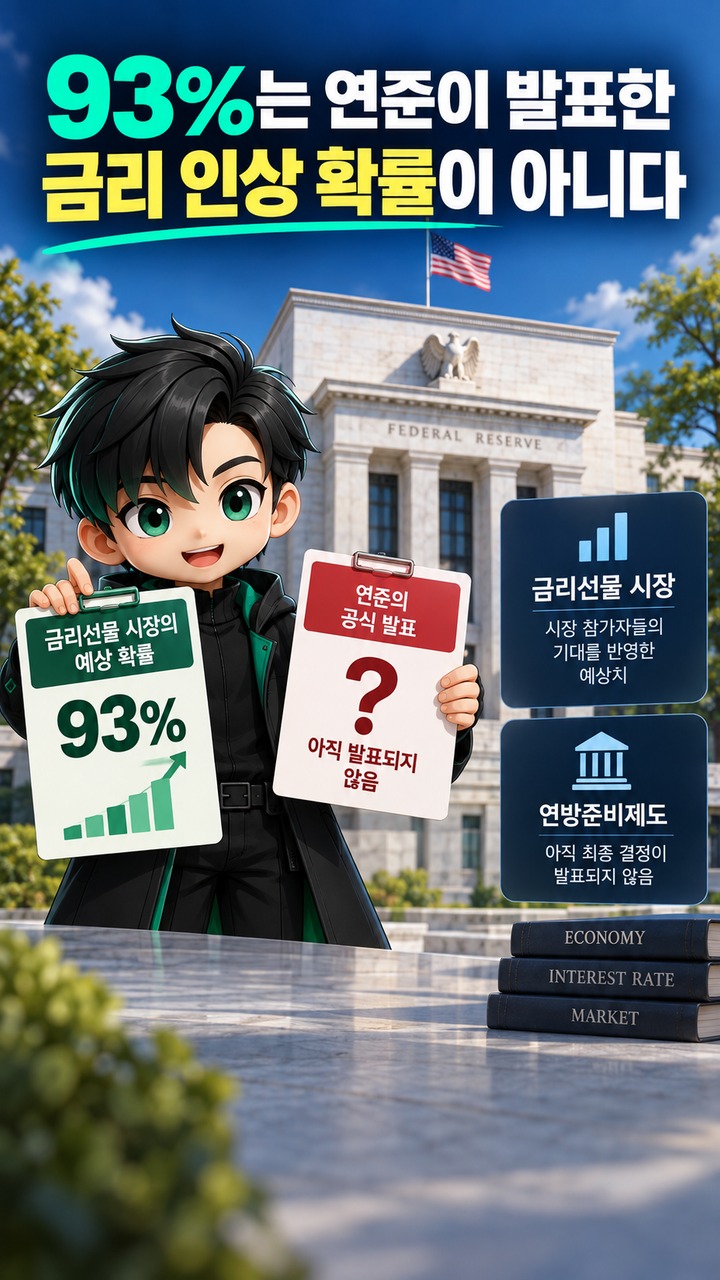 미국 9월 FOMC 금리인상 확률 93%, 확정이 아닌 시장가격인 이유# 미국 9월 FOMC 금리인상 확률 93%, 확정이 아닌 시장가격인 이유 - 93%는 연준이 발표한 금리 인상 확률이 아니다 핵심 내용을 정리한 정보형 이미지