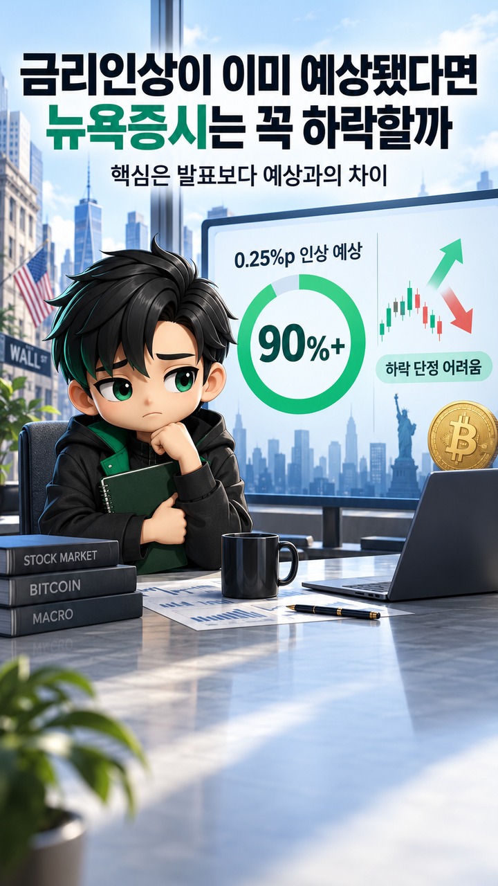 미국 금리인상 발표 앞둔 뉴욕증시·비트코인 전망, 0.25%p보다 중요한 것은 다음 금리 신호 - 금리인상이 이미 예상됐다면 뉴욕증시는 꼭 하락할까 핵심 내용을 정리한 정보형 이미지
