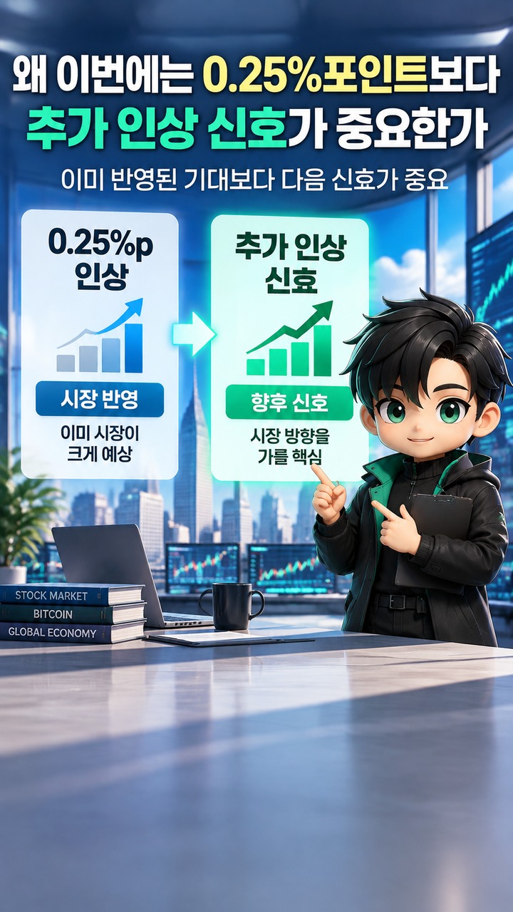 미국 금리인상 발표 앞둔 뉴욕증시·비트코인 전망, 0.25%p보다 중요한 것은 다음 금리 신호 - 왜 이번에는 0.25%포인트보다 추가 인상 신호가 중요한가 핵심 내용을 정리한 정보형 이미지