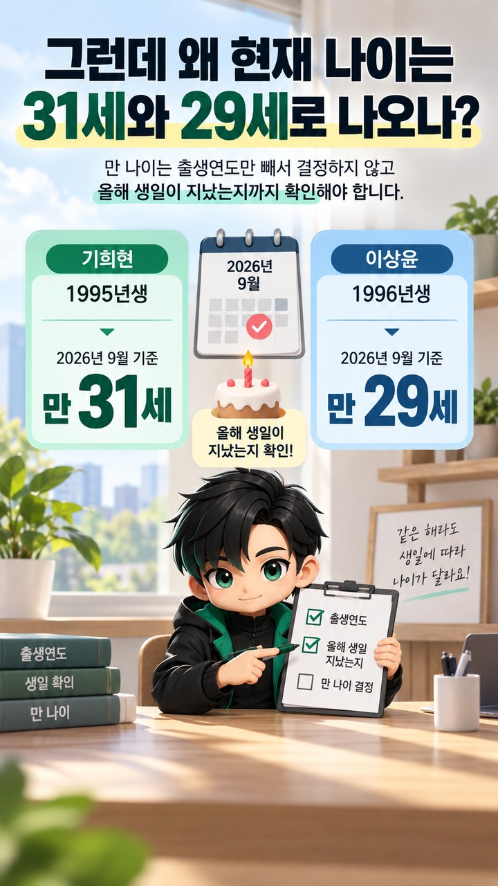 출생연도로 계산하면 기희현과 이상윤은 1년 차이 - 그런데 왜 현재 나이는 31세와 29세로 나오나 핵심 내용을 정리한 정보형 이미지