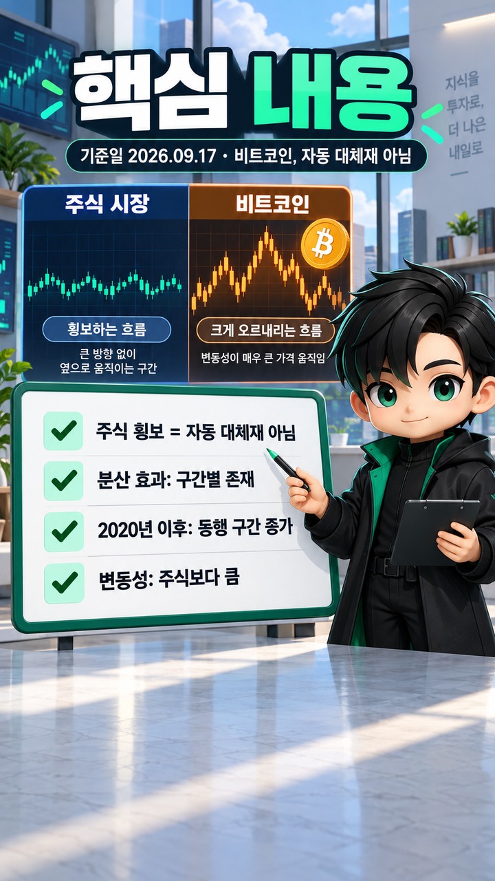 비트코인은 주식이 횡보할 때 대체 투자처가 될까? 상관관계보다 변동성을 먼저 봐야 한다 - 핵심 내용 핵심 내용을 정리한 정보형 이미지