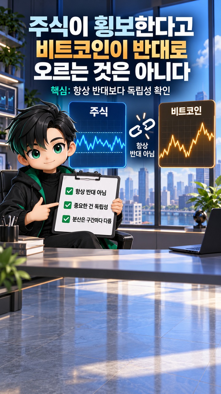 비트코인은 주식이 횡보할 때 대체 투자처가 될까? 상관관계보다 변동성을 먼저 봐야 한다 - 주식이 횡보한다고 비트코인이 반대로 오르는 것은 아니다 핵심 내용을 정리한 정보형 이미지