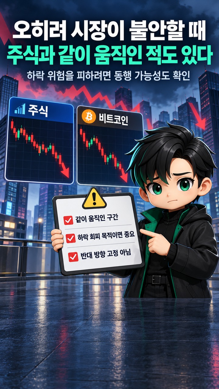 비트코인은 주식이 횡보할 때 대체 투자처가 될까? 상관관계보다 변동성을 먼저 봐야 한다 - 오히려 시장이 불안할 때 주식과 같이 움직인 적도 있다 핵심 내용을 정리한 정보형 이미지