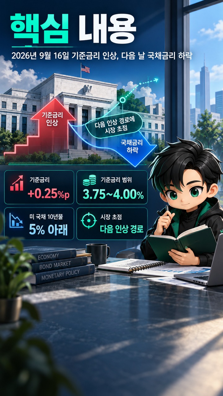 미국 기준금리 0.25%p 올랐는데 국채금리는 하락, 시장이 더 본 것은 ‘다음 인상’이었다 - 핵심 내용 핵심 내용을 정리한 정보형 이미지