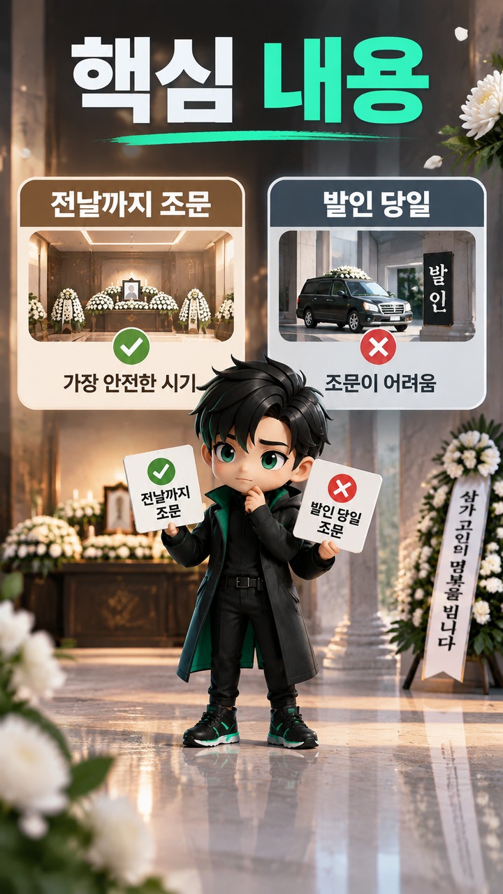 발인 오전 7시면 조문은 언제까지 가능할까? 전날 방문이 안전한 이유 - 핵심 내용 핵심 내용을 정리한 정보형 이미지
