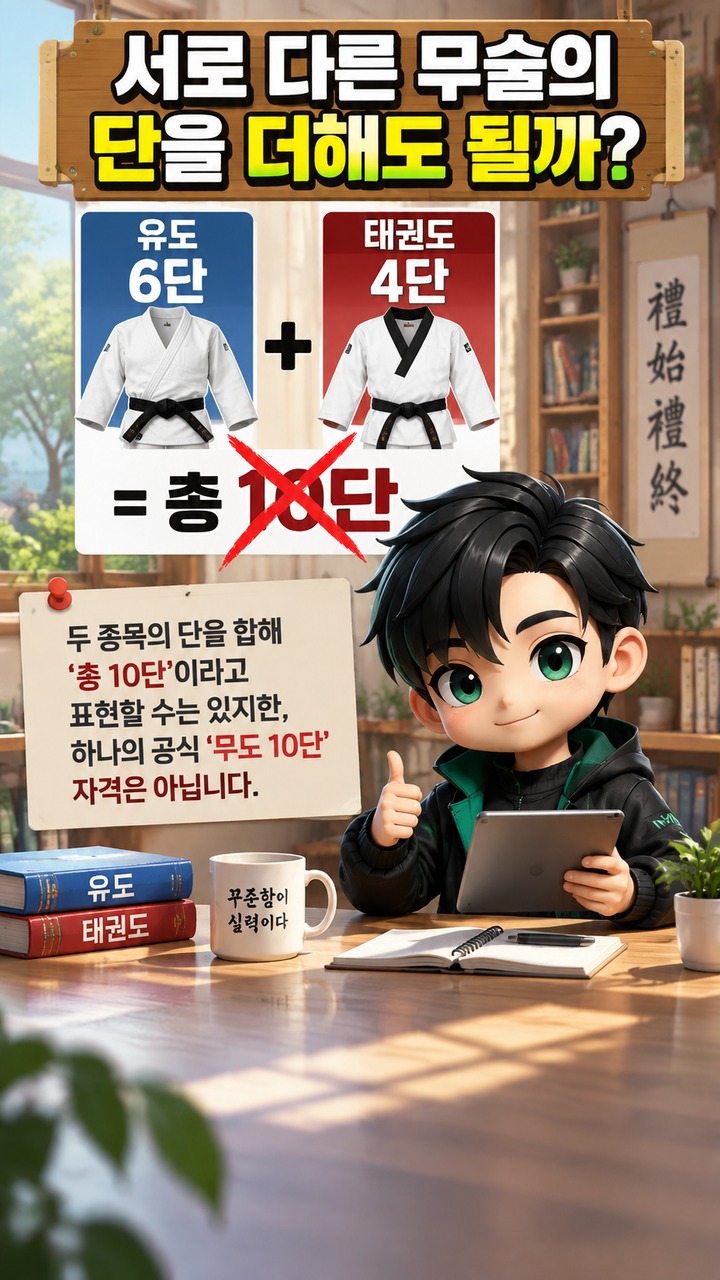 지승현 아버지 ‘무도 10단’은 무슨 뜻? 유도 6단·태권도 4단을 합친 표현 - 서로 다른 무술의 단을 더해도 될까? 핵심 내용을 정리한 정보형 이미지