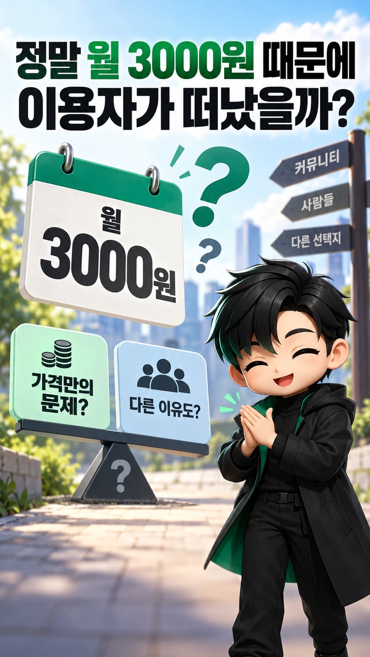 프리챌은 왜 망했을까? 월 3000원 유료화보다 더 치명적이었던 이용자 이탈 - 정말 월 3000원 때문에 이용자가 떠났을까 핵심 내용을 정리한 정보형 이미지