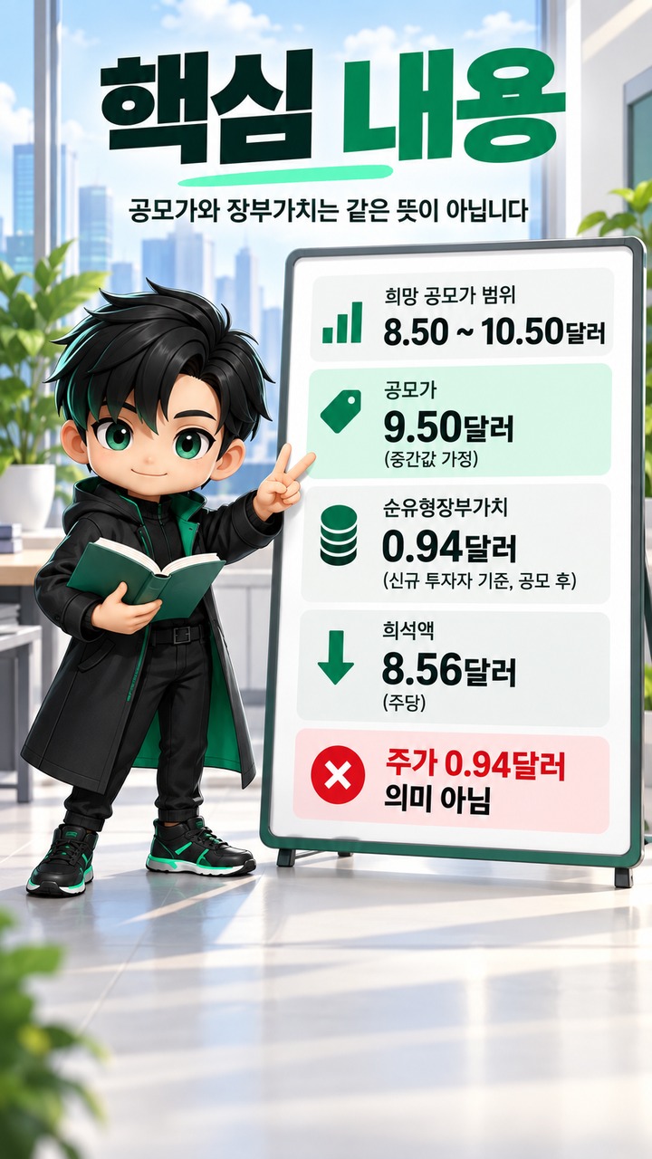 로킷아메리카 공모가 9.50달러인데 장부가치는 0.94달러? IPO ‘희석 8.56달러’의 뜻 - 핵심 내용 핵심 내용을 정리한 정보형 이미지