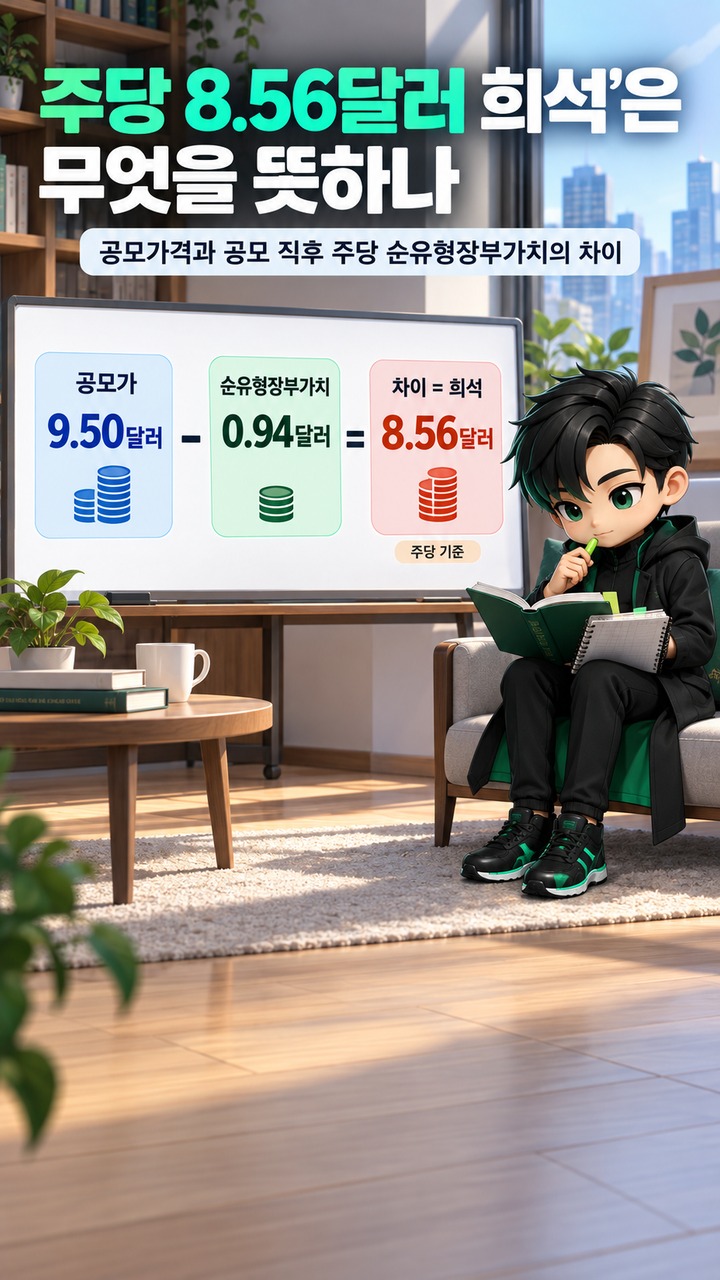 로킷아메리카 공모가 9.50달러인데 장부가치는 0.94달러? IPO ‘희석 8.56달러’의 뜻 - ‘주당 8.56달러 희석’은 무엇을 뜻하나 핵심 내용을 정리한 정보형 이미지