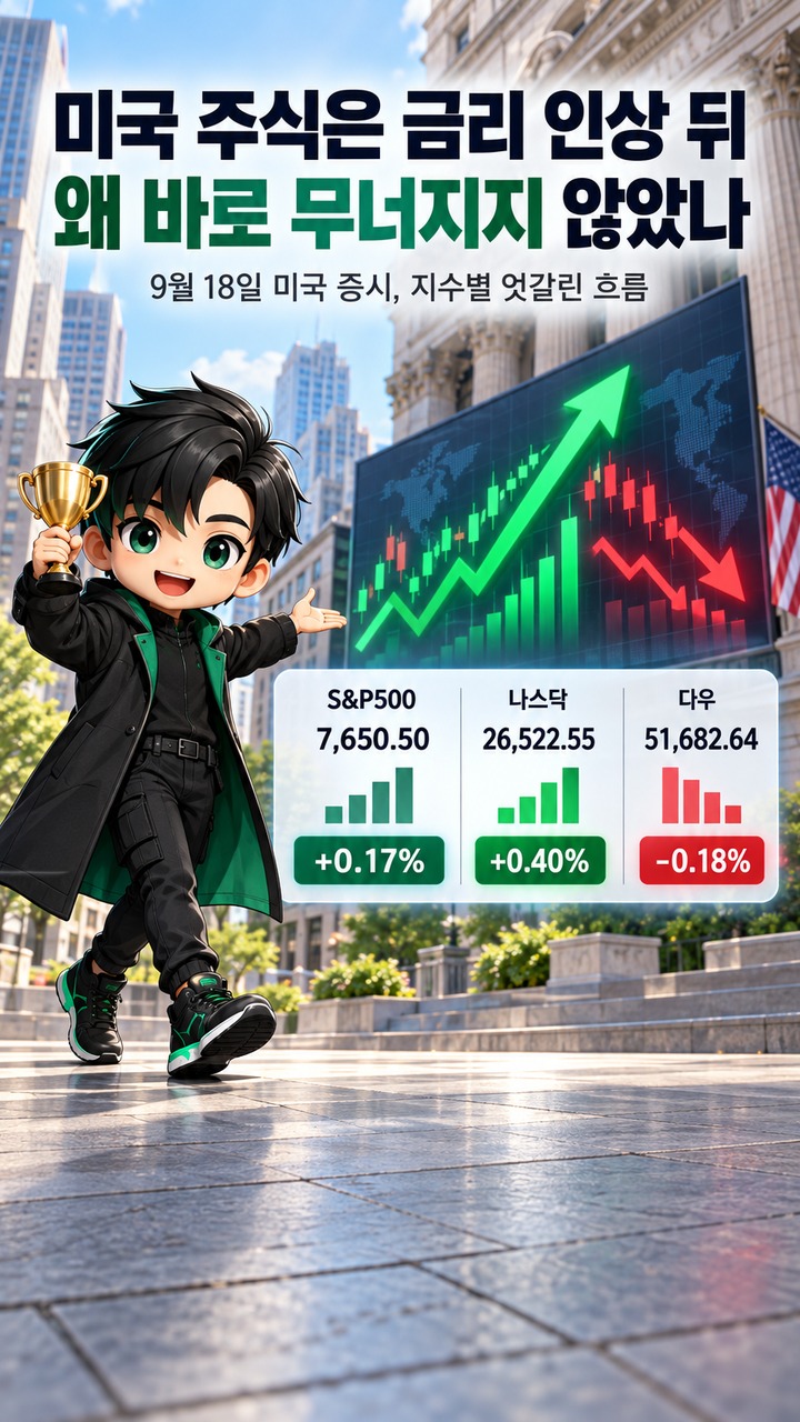 주식시장 9월 FOMC 뒤에도 오른 기술주, 금리 3.75~4.00%보다 지금 봐야 할 변수 - 미국 주식은 금리 인상 뒤 왜 바로 무너지지 않았나 핵심 내용을 정리한 정보형 이미지