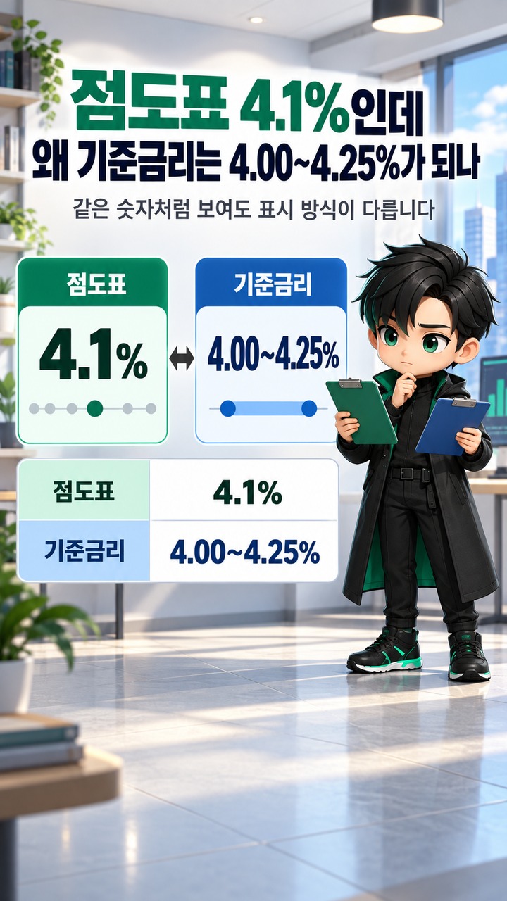 점도표 4.1%인데 왜 기준금리는 4.00~4.25%가 되나 - 점도표 4.1%인데 왜 기준금리는 4.00~4.25%가 되나 핵심 내용을 정리한 정보형 이미지