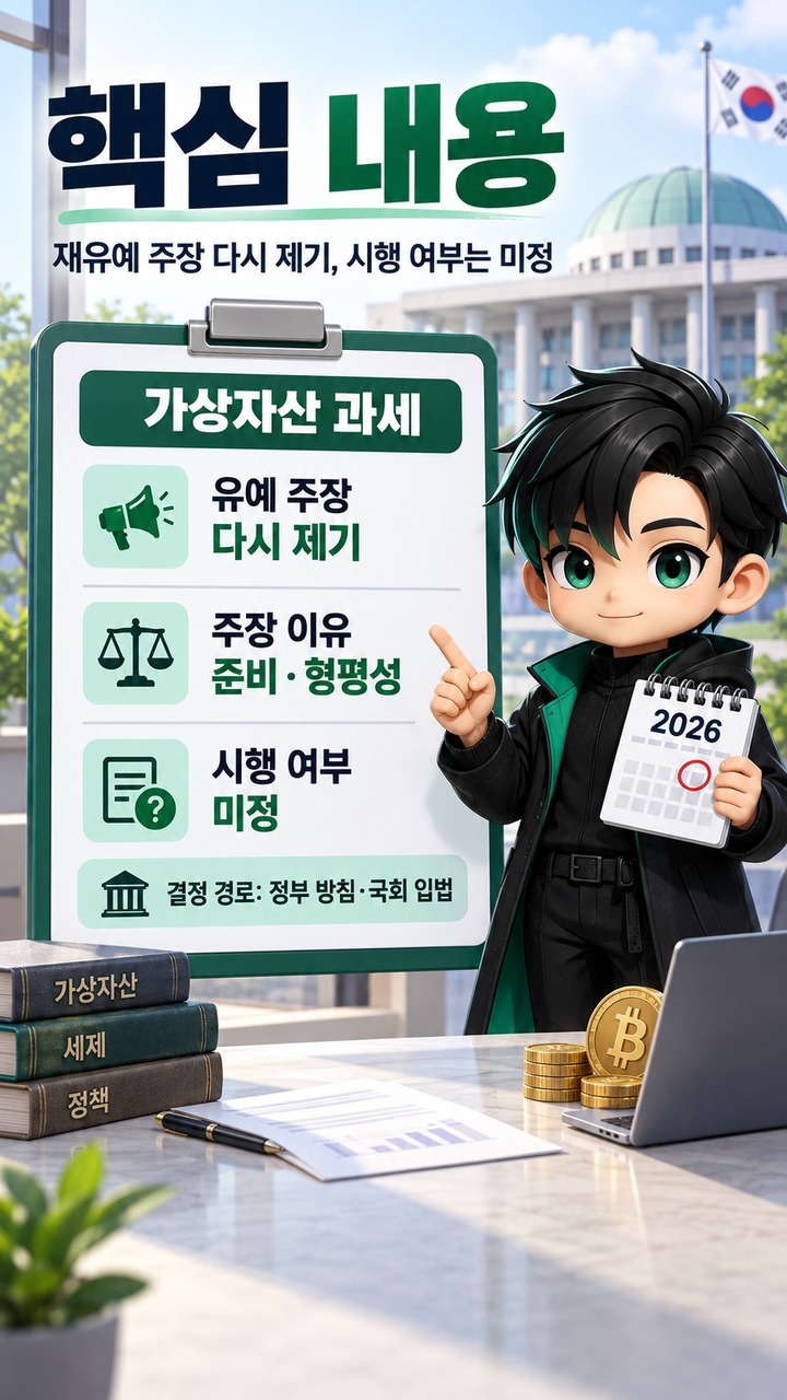 한동훈 가상자산 과세 재유예 주장, 2026년 다시 나온 쟁점과 실제 확인할 기준 - 핵심 내용 핵심 내용을 정리한 정보형 이미지