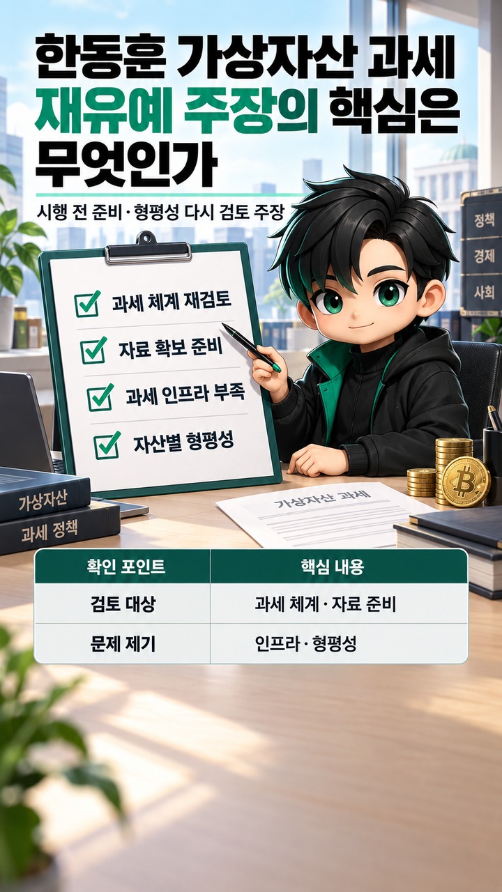 한동훈 가상자산 과세 재유예 주장, 2026년 다시 나온 쟁점과 실제 확인할 기준 - 한동훈 가상자산 과세 재유예 주장의 핵심은 무엇인가 핵심 내용을 정리한 정보형 이미지