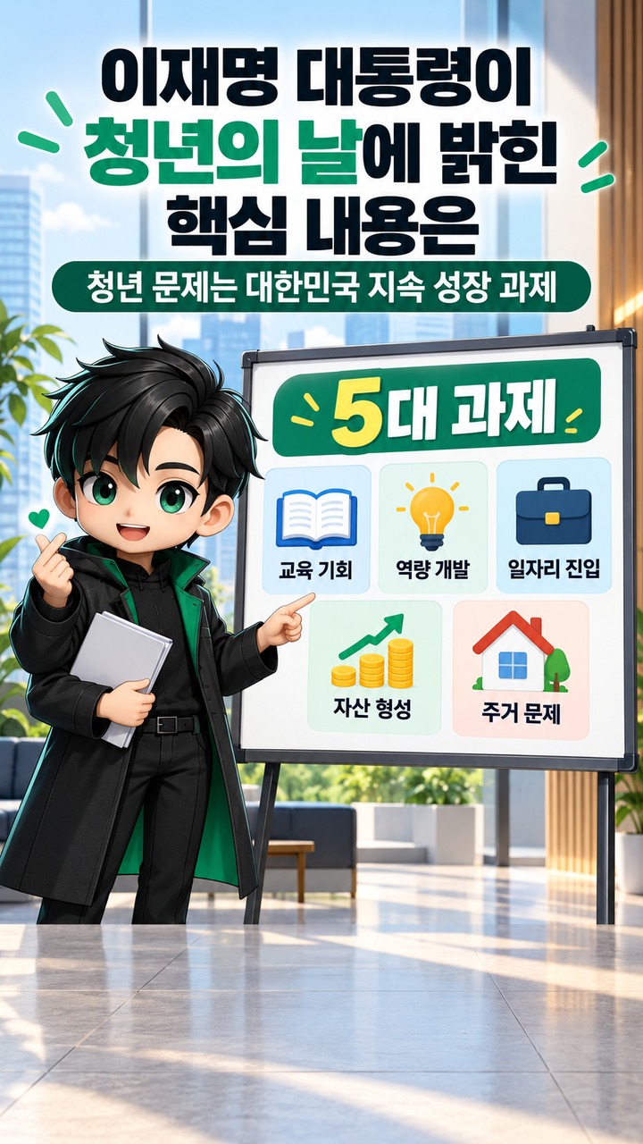 이재명 청년의 날 기념사, 청년정책 전담 조직 검토와 일자리·주거 문제 해법은 - 이재명 대통령이 청년의 날에 밝힌 핵심 내용은 핵심 내용을 정리한 정보형 이미지