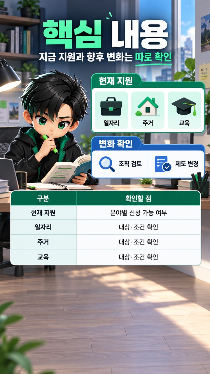 청년정책 전담 조직 검토 이후 달라질까, 현재 받을 수 있는 청년 지원 제도와 확인할 조건 - 핵심 내용 핵심 내용을 정리한 정보형 이미지