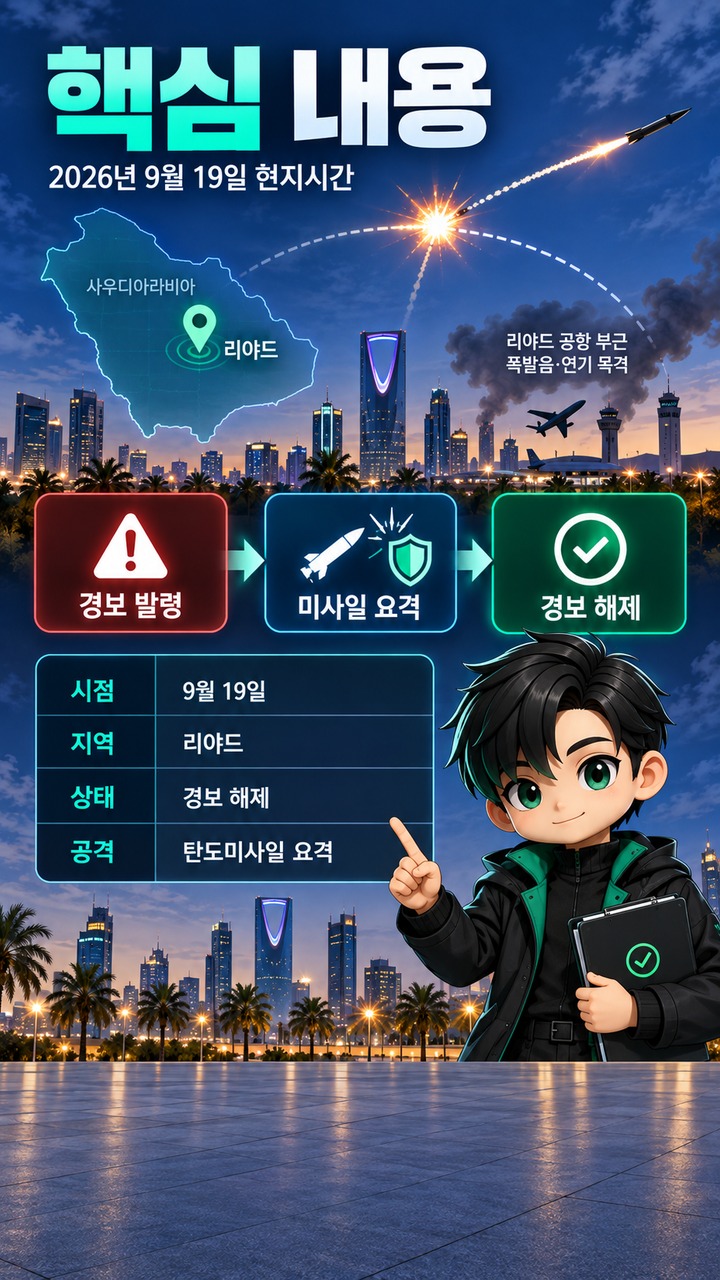 리야드 공습경보 발령 뒤 상황은? 수도 경보 해제와 확인된 공격 내용 - 핵심 내용 핵심 내용을 정리한 정보형 이미지