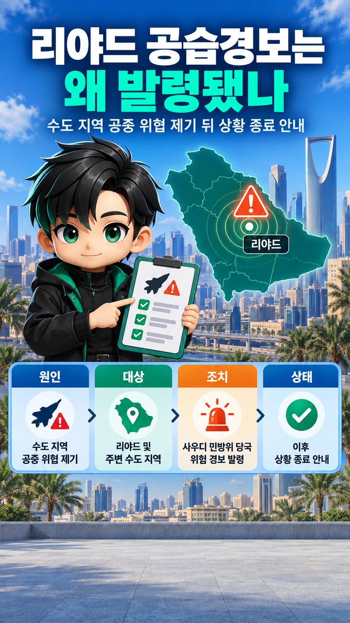 리야드 공습경보 발령 뒤 상황은? 수도 경보 해제와 확인된 공격 내용 - 리야드 공습경보는 왜 발령됐나 핵심 내용을 정리한 정보형 이미지