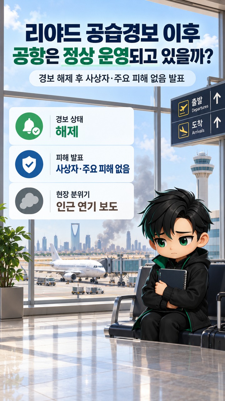 리야드 공항 운항 상황은? 공습경보 이후 항공편 확인할 기준과 여행객 주의사항 - 리야드 공습경보 이후 공항은 정상 운영되고 있을까? 핵심 내용을 정리한 정보형 이미지