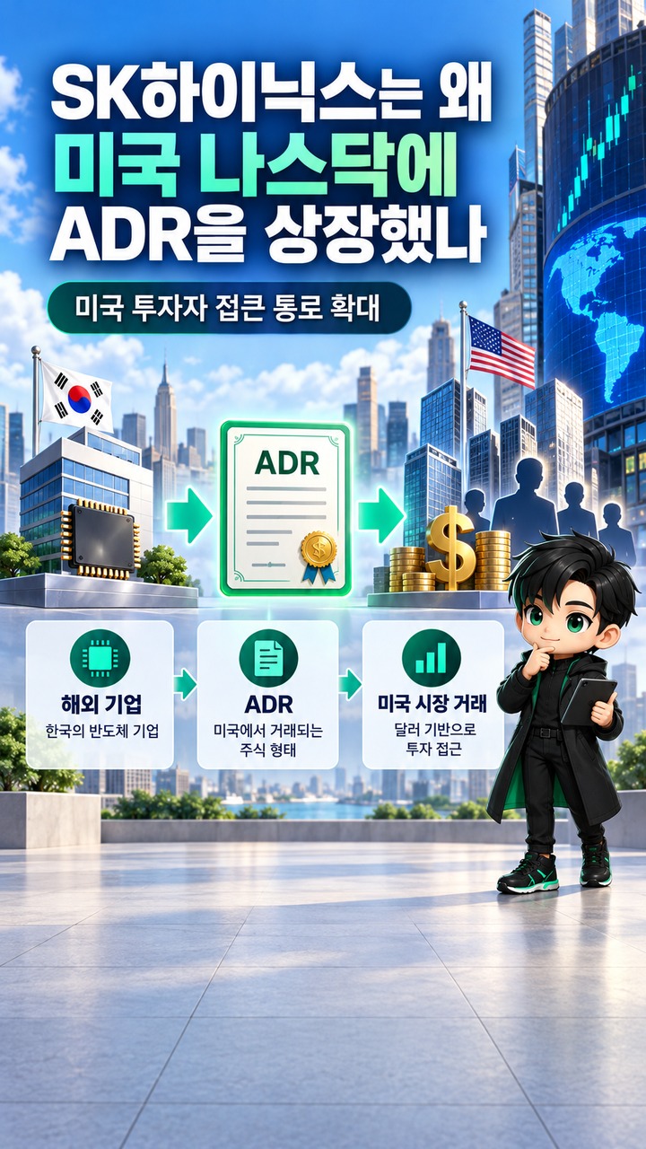 SK하이닉스 나스닥 상장, 뉴욕 타임스스퀘어에 등장한 이유와 달라진 점 - SK하이닉스는 왜 미국 나스닥에 ADR을 상장했나 핵심 내용을 정리한 정보형 이미지