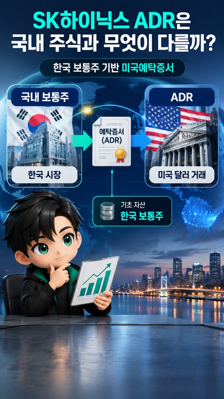 SK하이닉스 ADR과 국내 주식 가격 차이는 왜 생길까? 나스닥 상장 후 봐야 할 환율·수급 기준 - SK하이닉스 ADR은 국내 주식과 무엇이 다를까? 핵심 내용을 정리한 정보형 이미지