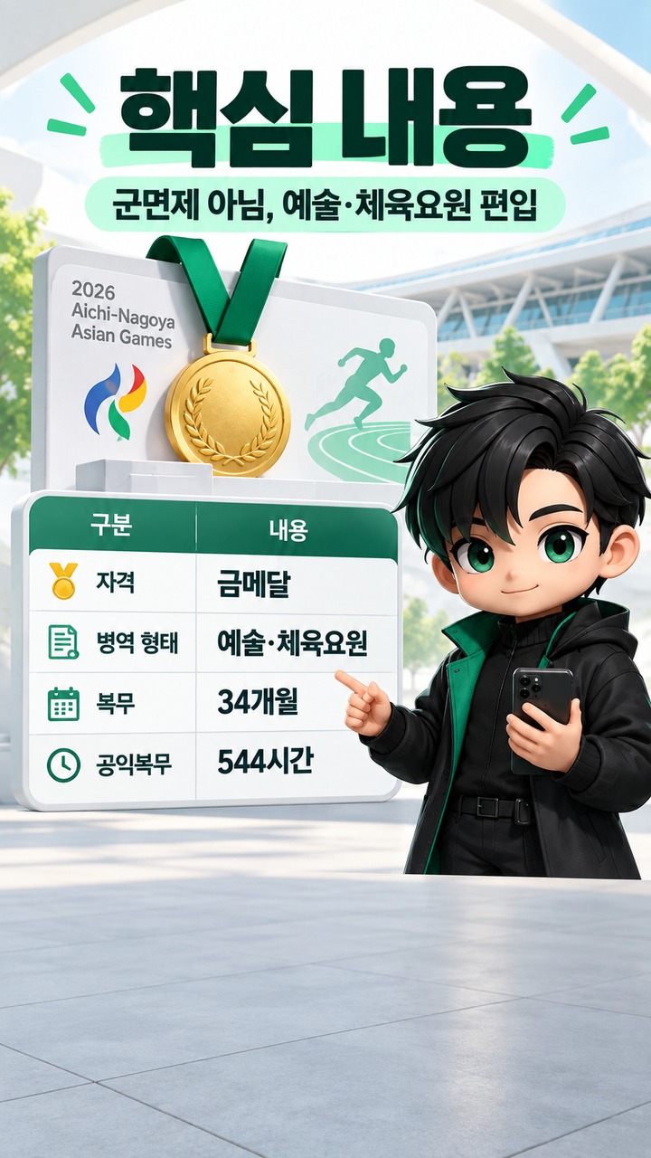 이현중 금메달이면 군면제일까? 정확히는 예술·체육요원 34개월·544시간 - 핵심 내용 핵심 내용을 정리한 정보형 이미지