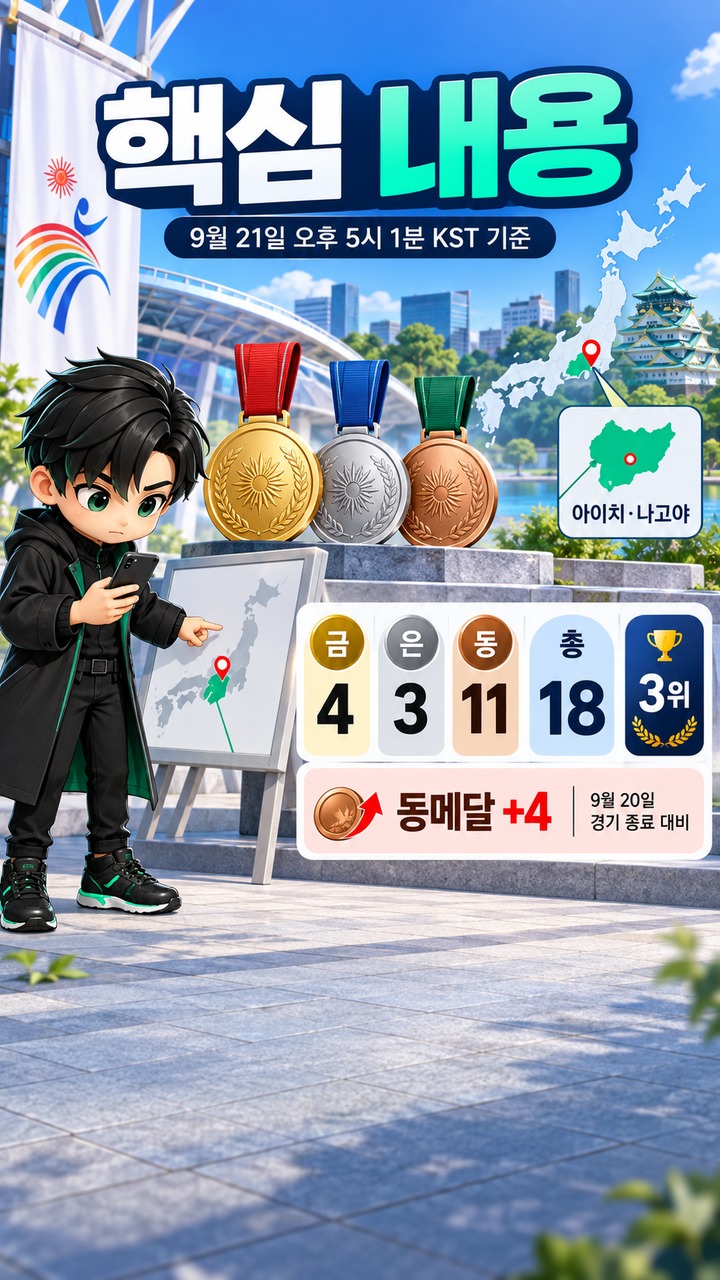 아이치·나고야 아시안게임 한국 메달 18개, 9월 21일 오후 5시까지 동메달 4개 추가 - 핵심 내용 핵심 내용을 정리한 정보형 이미지
